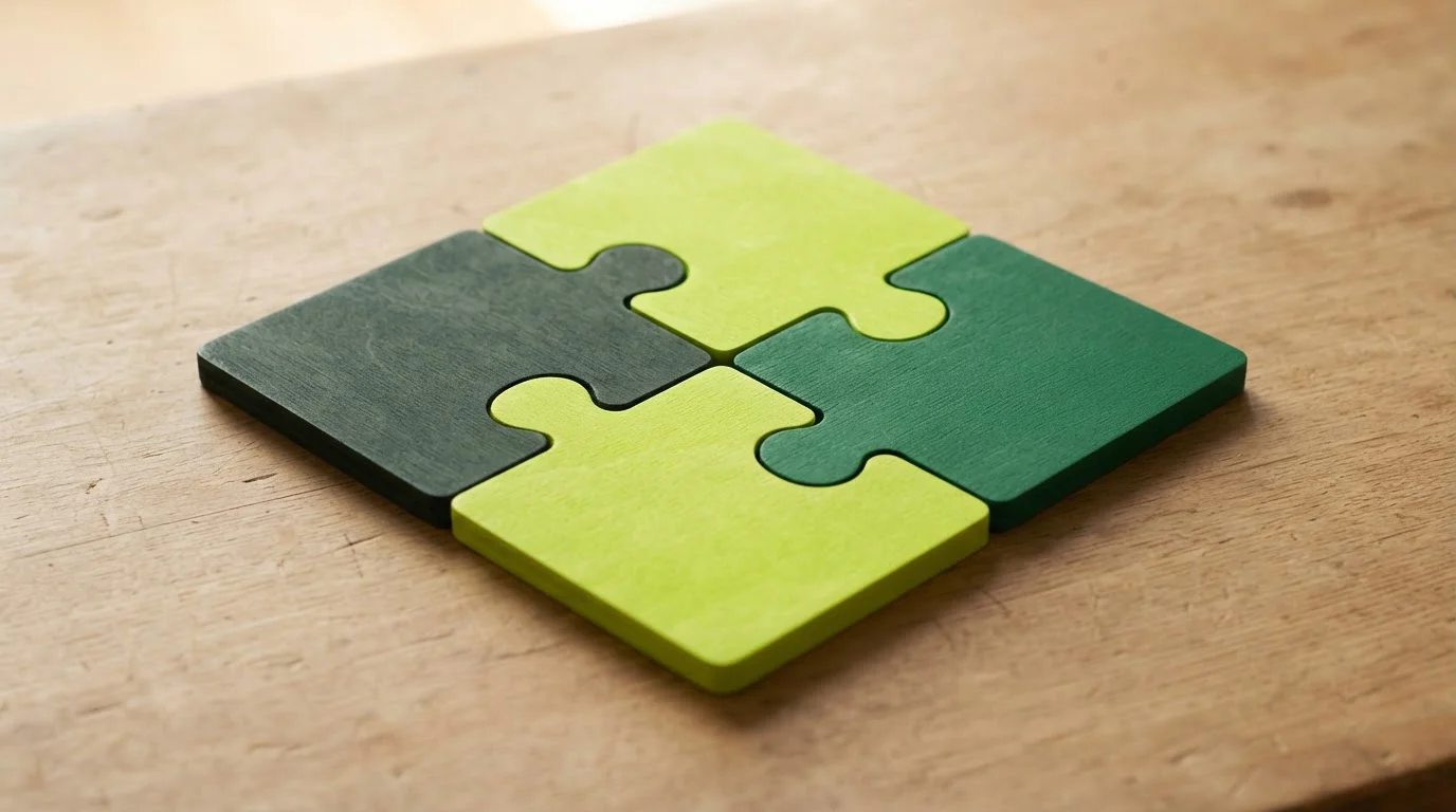 Vier passende Puzzleteile auf einem Tisch mit grünem Hintergrund