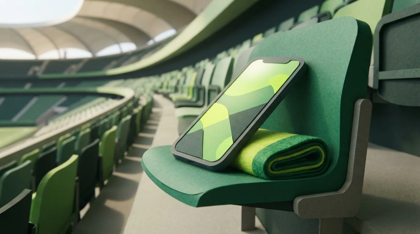 Smartphone auf einem Tribünensitz neben einem gefalteten Fanschal