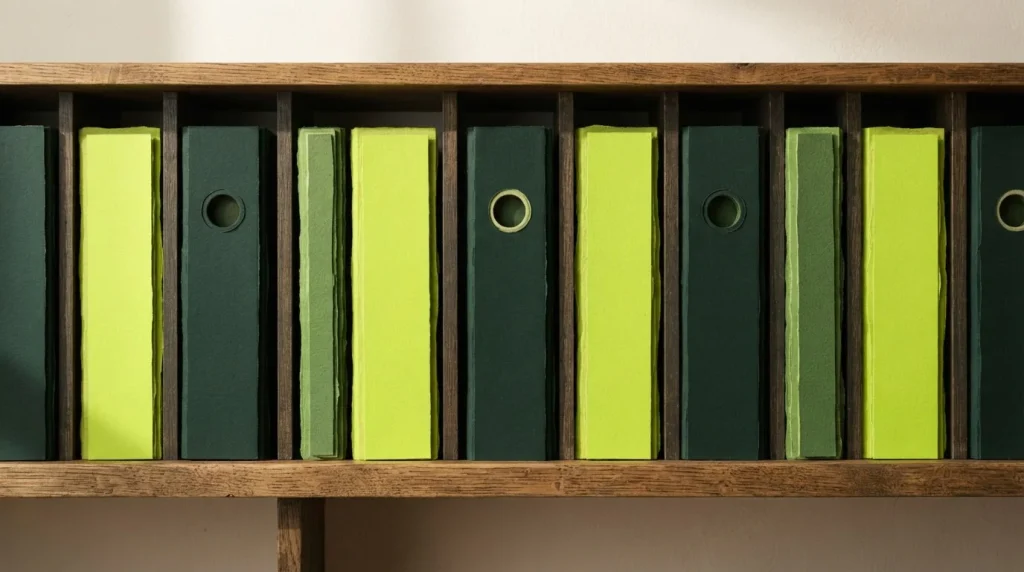 Eine Reihe verschiedenfarbiger Archivordner auf einem Regalbrett
