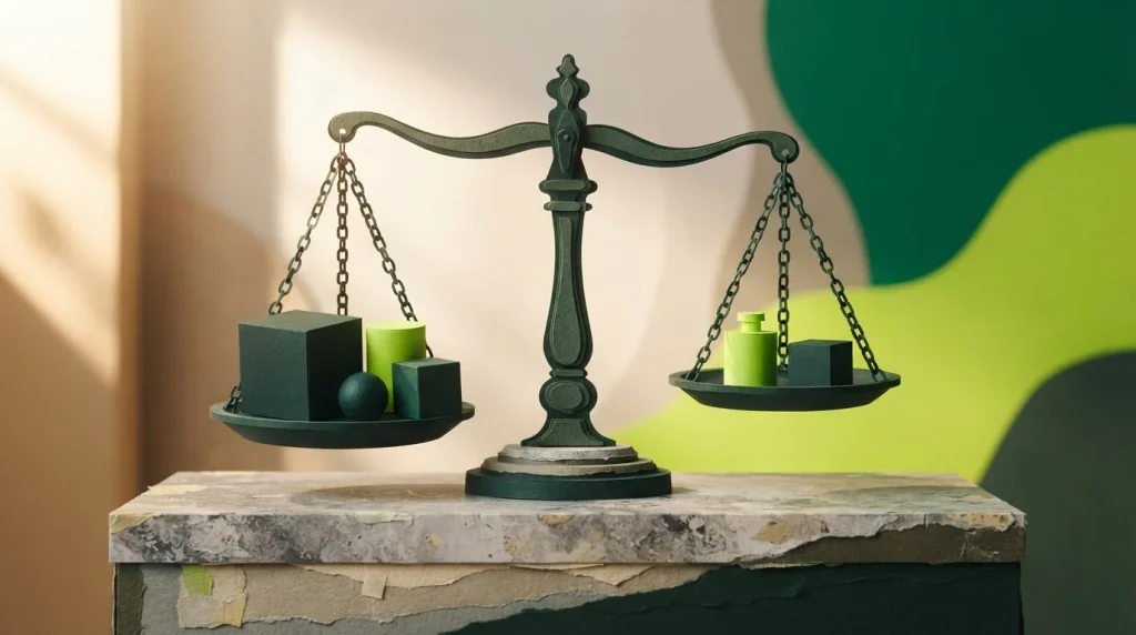 Eine Waage mit zwei Waagschalen und unterschiedlich großen Gewichten