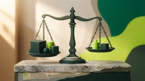 Eine Waage mit zwei Waagschalen und unterschiedlich großen Gewichten