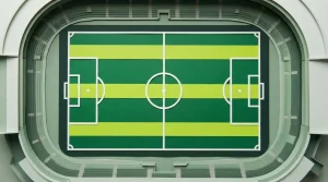 Fußballspielfeld aus der Vogelperspektive mit Mittellinie, Strafräumen und Torraum