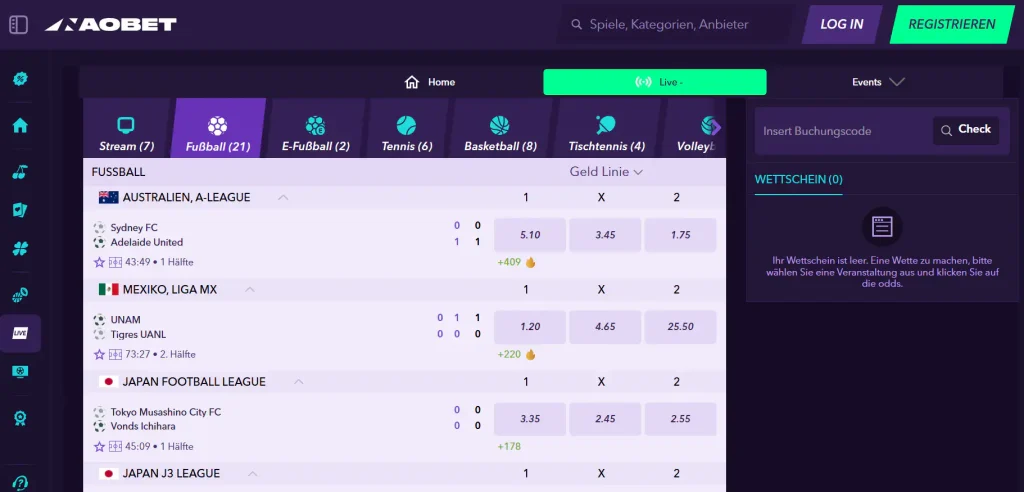 Sportmenü von NaoBet mit laufenden Ereignissen, Ergebnisständen und Livequoten