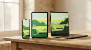 Smartphone, Tablet und Laptop nebeneinander als Darstellung verschiedener Bildschirmgrößen