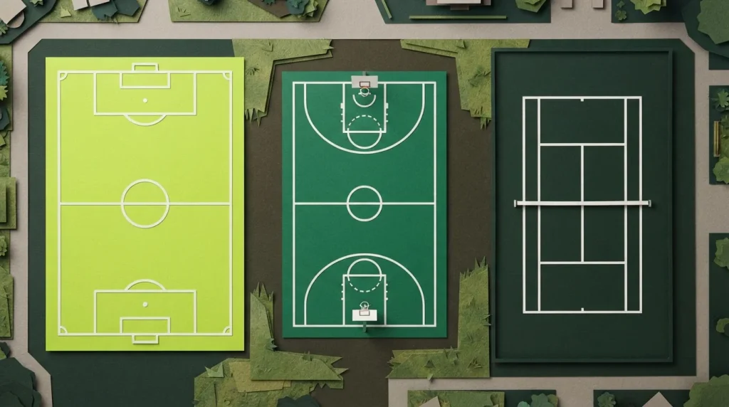Drei Sportplätze aus der Vogelperspektive mit Fußballfeld, Basketballfeld und Tennisplatz