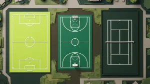 Drei Sportplätze aus der Vogelperspektive mit Fußballfeld, Basketballfeld und Tennisplatz